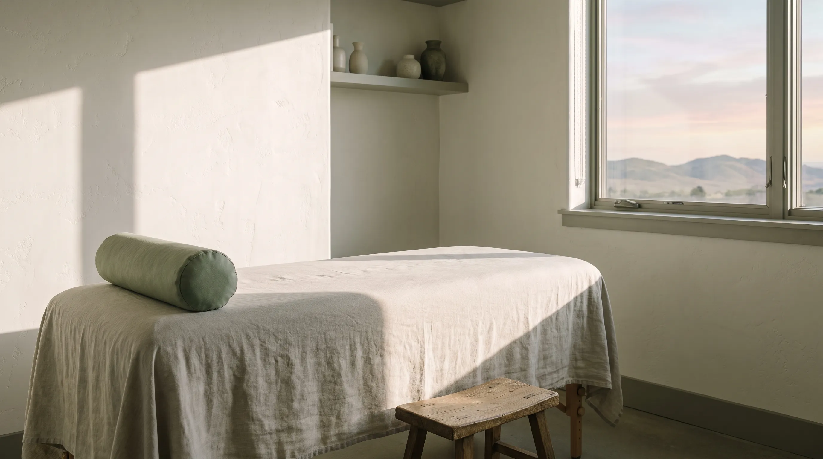 Illustrative empty exam room with a linen-covered treatment table and Colorado foothills beyond the window